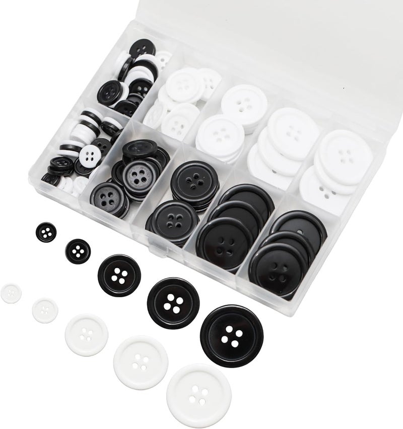 Lilaly 100 pcs Buttons for Crafts Buttons, Button DIY Buttons, Mixed Sewing Buttons, 5 Sizes of Round Mixed Buttons Suitable for for Crafts, Coats, Shirts, Pants, Shorts and More(White & Black) - Image 1